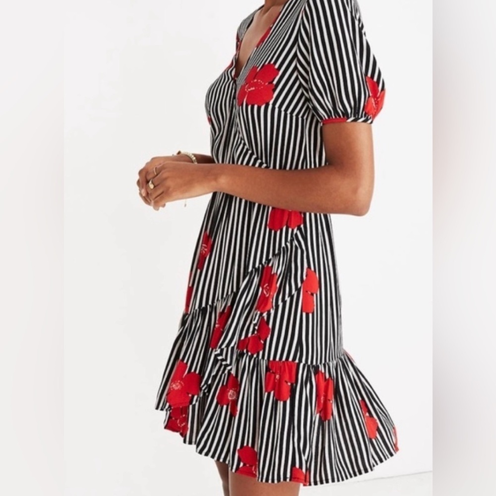 Madewell Black and White Striped Floral Print Faux Wrap Dress - Picture 2 of 12